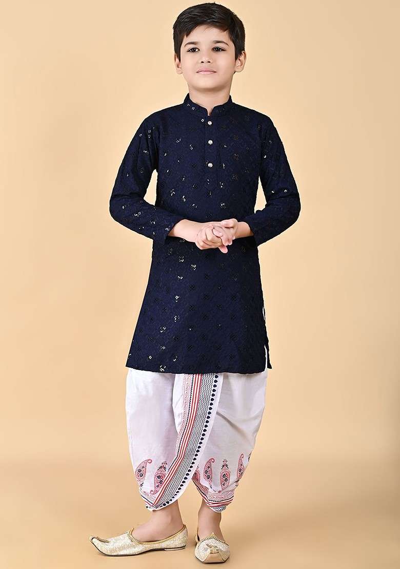 Navy Blue Embroidered Blended Kurta Dhoti Set For Boys - Indya