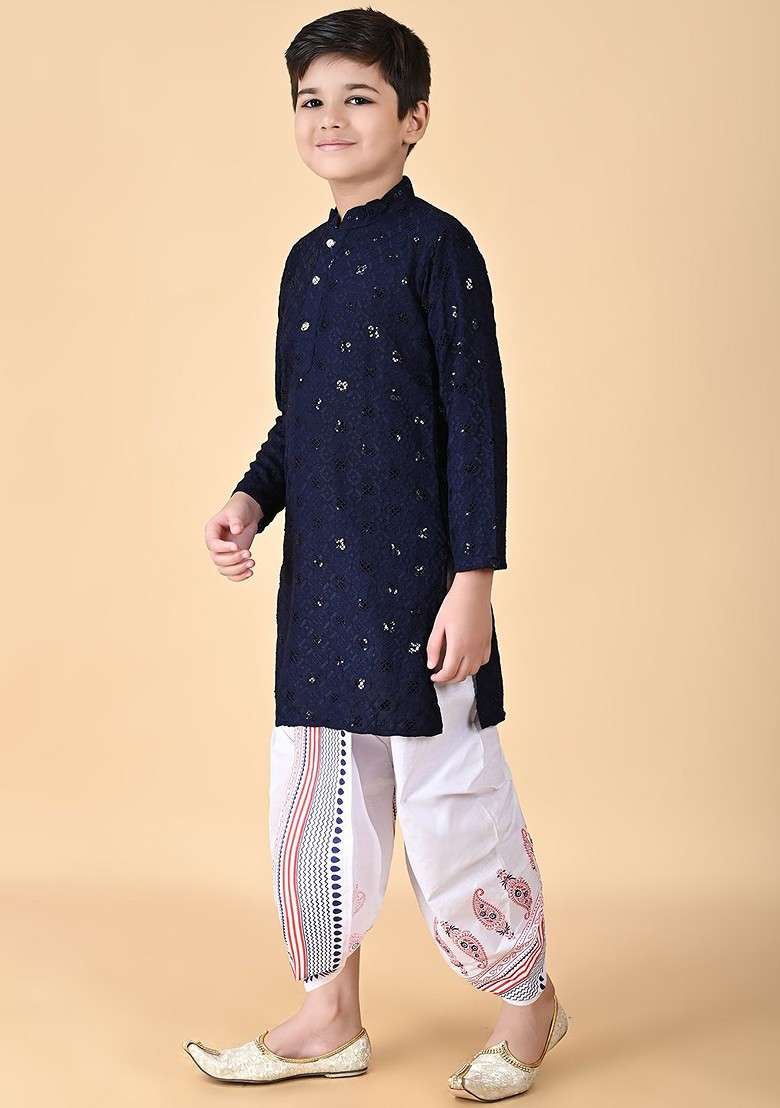 Navy Blue Embroidered Blended Kurta Dhoti Set For Boys - Indya