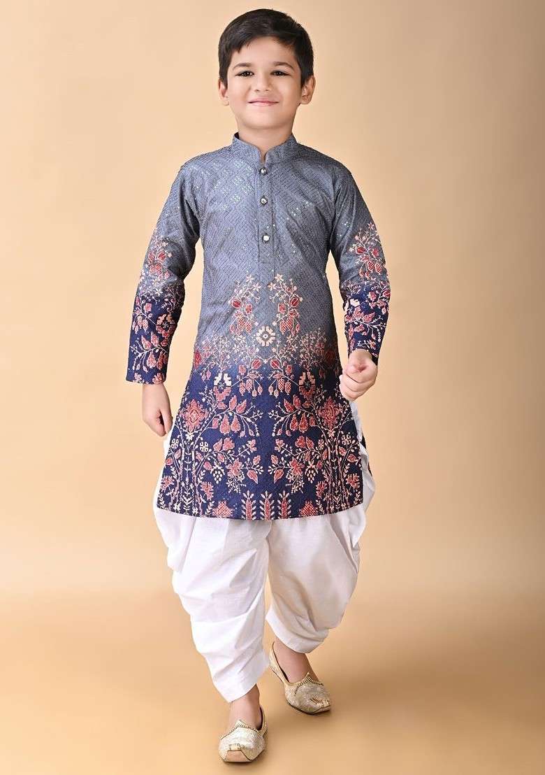 Grey Embroidered Blended Kurta Set For Boys - Indya
