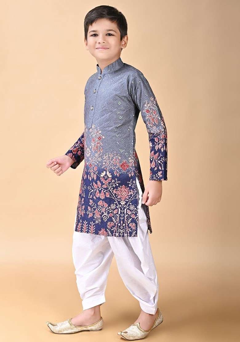 Grey Embroidered Blended Kurta Set For Boys - Indya