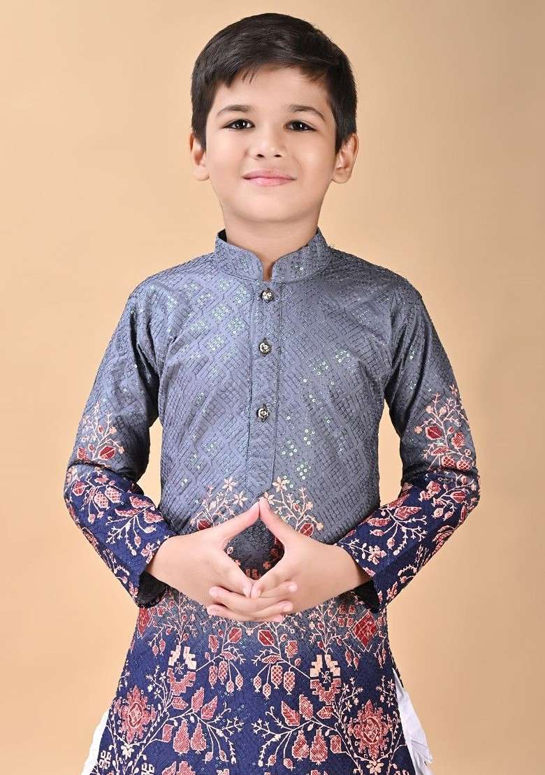 Grey Embroidered Blended Kurta Set For Boys - Indya