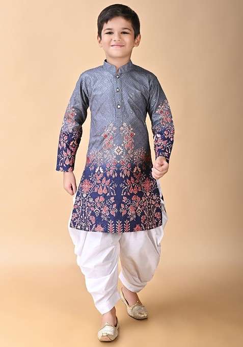Grey Embroidered Blended Kurta Set For Boys