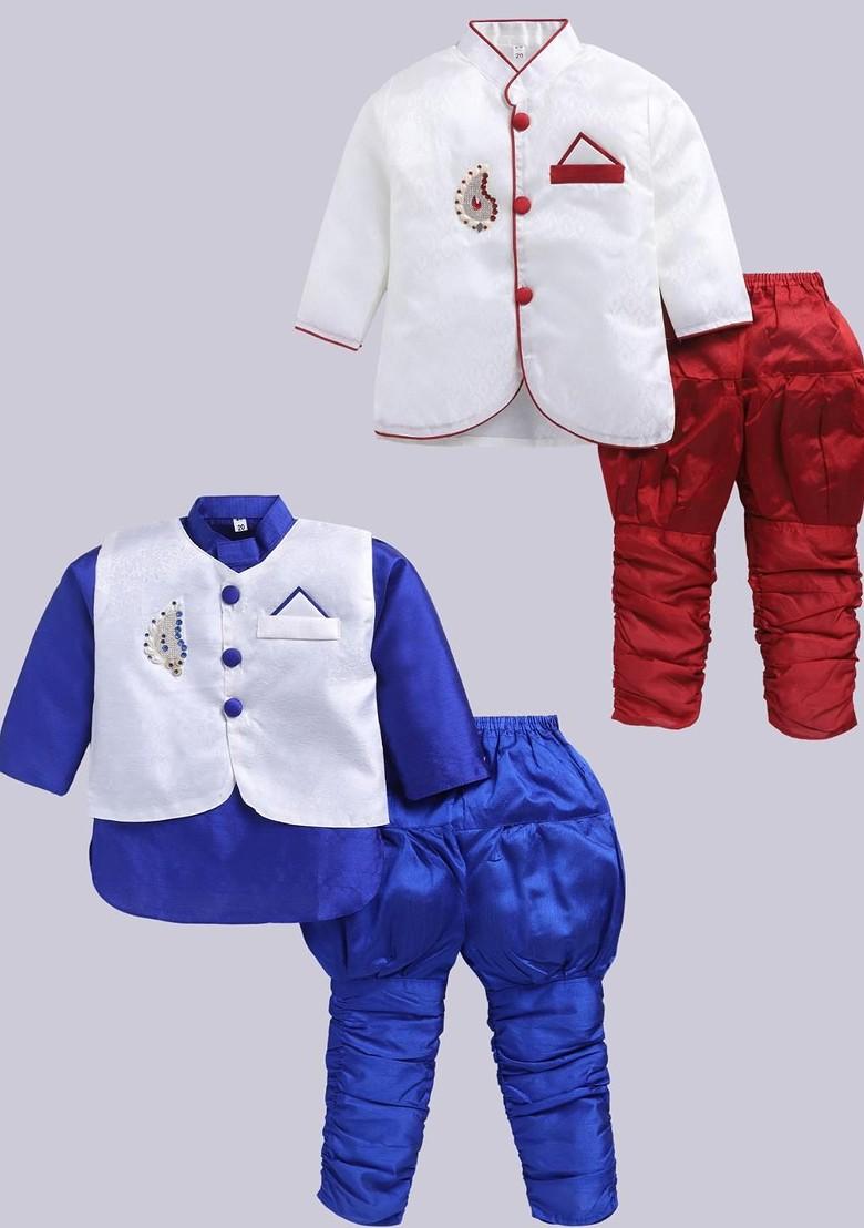Multi Solid Silk Kurta Set For Boys - Indya