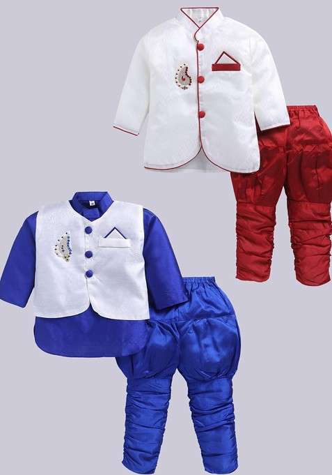 Multi Solid Silk Kurta Set For Boys