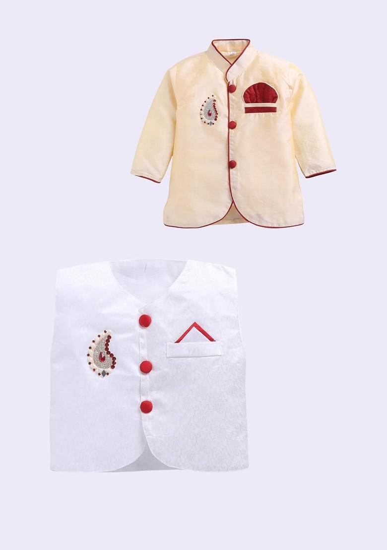 Multi Solid Silk Kurta Set For Boys - Indya