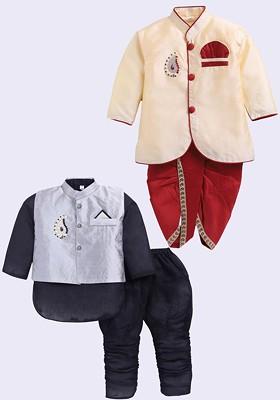 Multi Solid Silk Kurta Set For Boys