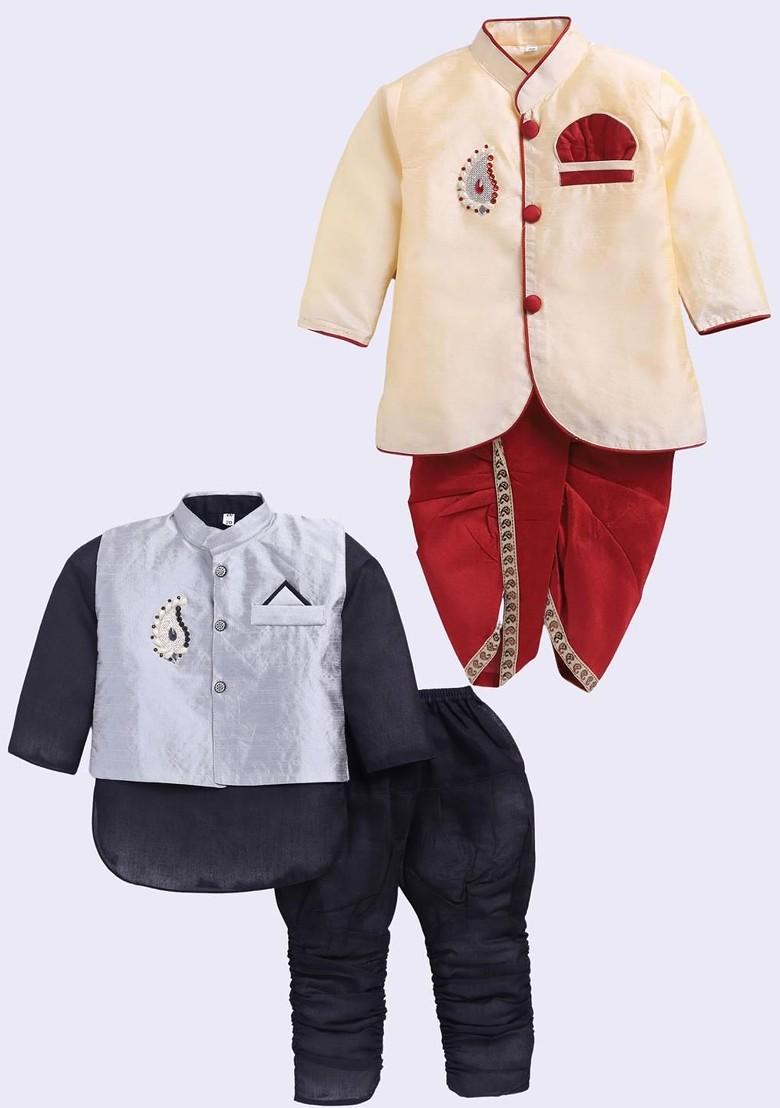 Multi Solid Silk Kurta Set For Boys - Indya