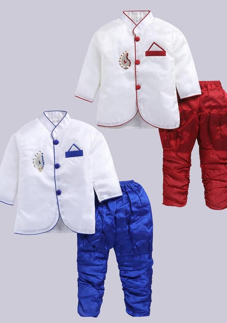 Multi Solid Silk Kurta Set For Boys - Indya