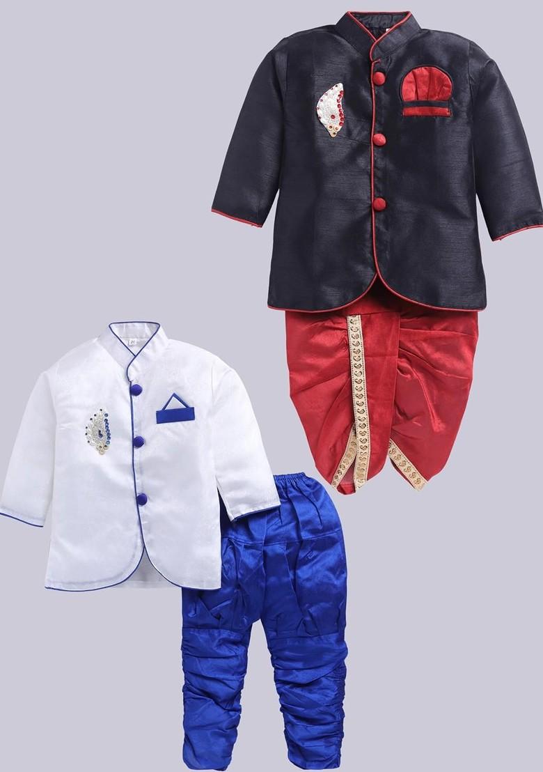 Multi Solid Silk Kurta Set For Boys - Indya
