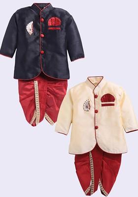 Multi Solid Silk Kurta Set For Boys
