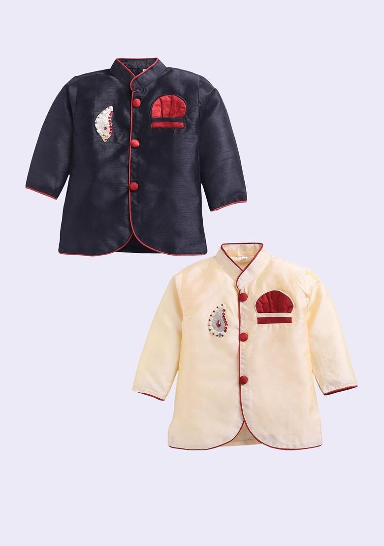 Multi Solid Silk Kurta Set For Boys - Indya