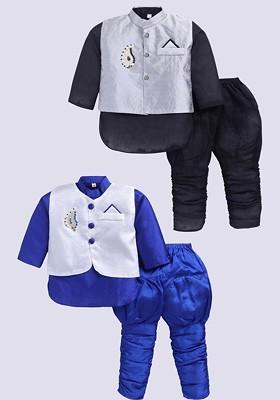 Multi Solid Silk Kurta Set For Boys