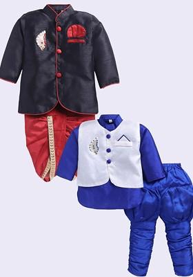 Multi Solid Silk Kurta Set For Boys