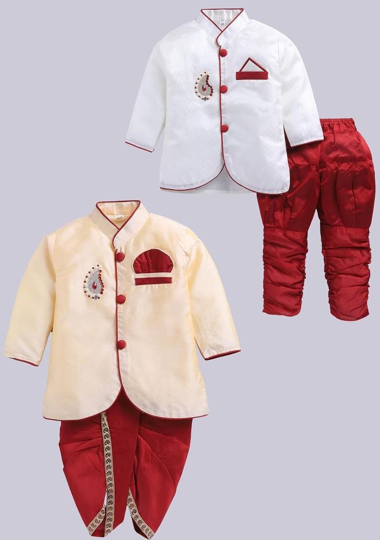 Multi Solid Silk Kurta Set For Boys - Indya