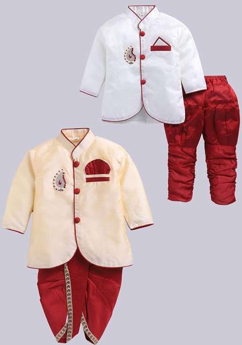 Multi Solid Silk Kurta Set For Boys