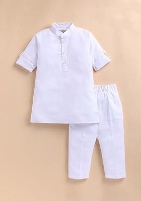 White Solid Blended Kurta Set For Boys
