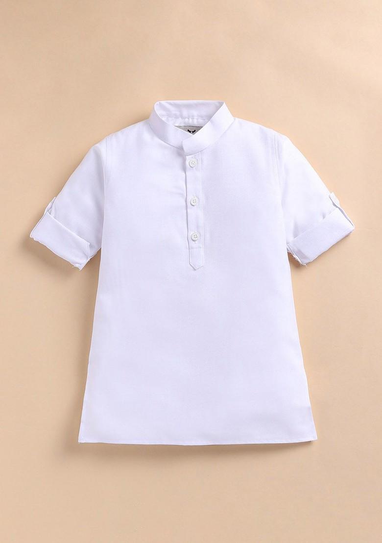 White Solid Blended Kurta Set For Boys - Indya