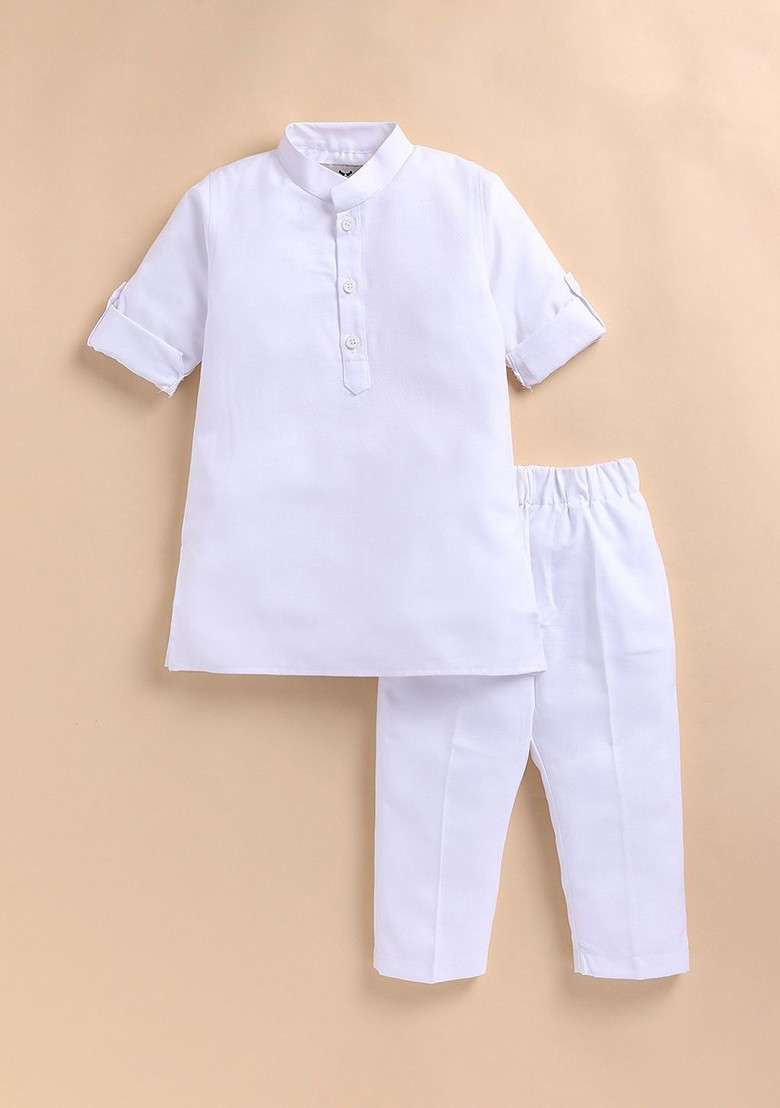 White Solid Blended Kurta Set For Boys - Indya