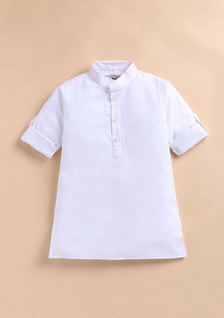 White Solid Blended Kurta Set For Boys - Indya