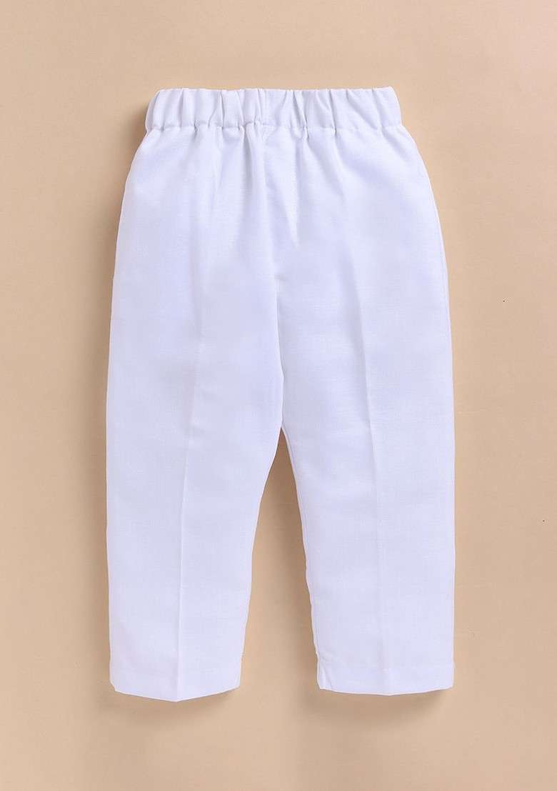 White Solid Blended Kurta Set For Boys - Indya