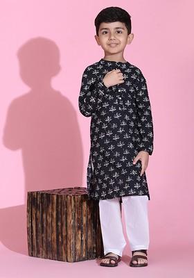 Black Printed Cotton Kurta Set For Boys