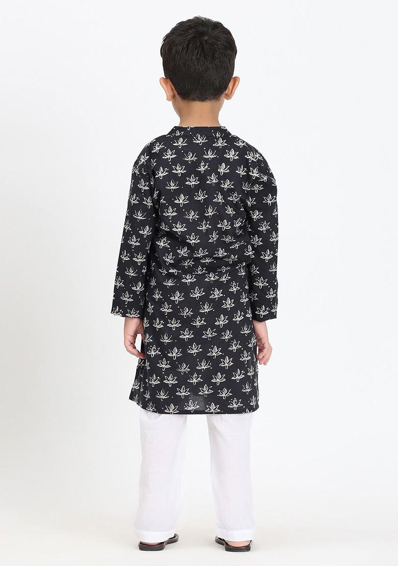 Black Printed Cotton Kurta Set For Boys - Indya