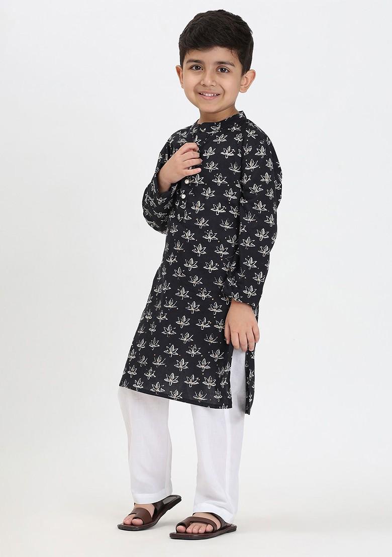 Black Printed Cotton Kurta Set For Boys - Indya