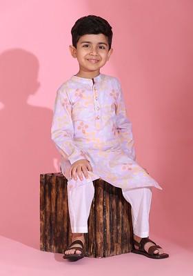 Purple Printed Cotton Kurta Set For Boys