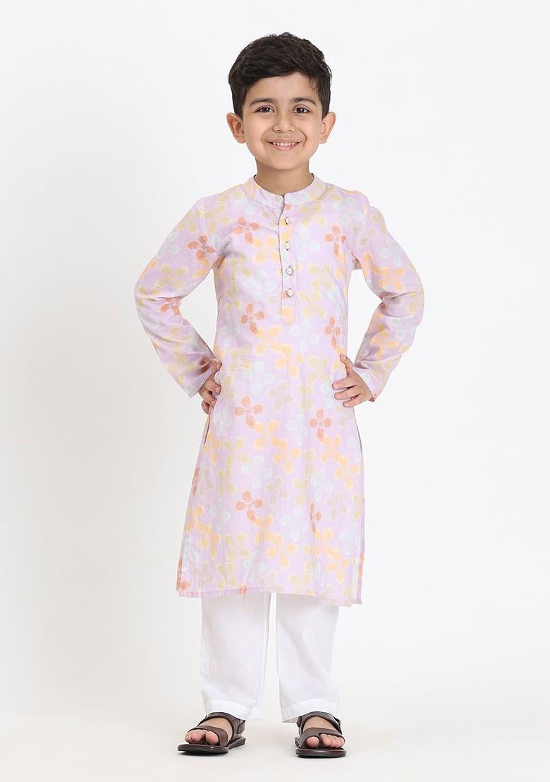 Purple Printed Cotton Kurta Set For Boys - Indya