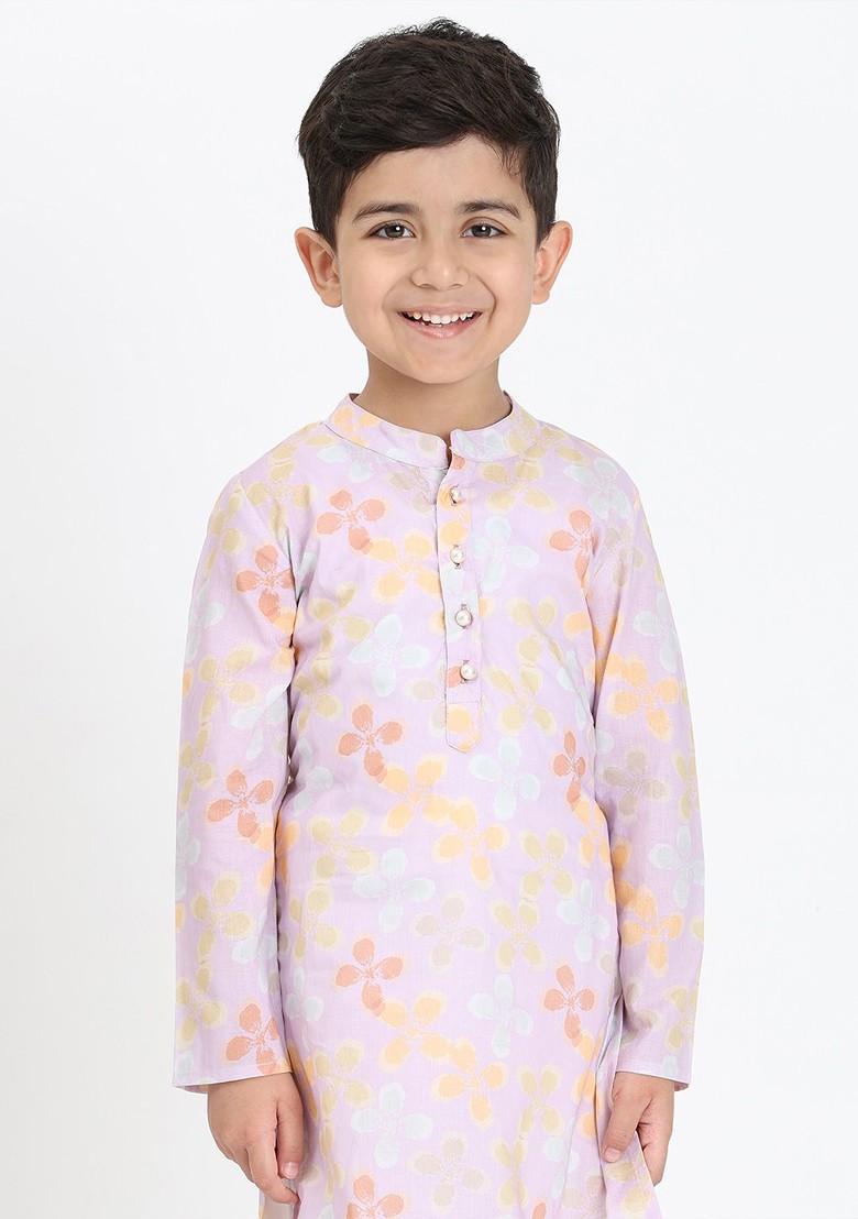 Purple Printed Cotton Kurta Set For Boys - Indya
