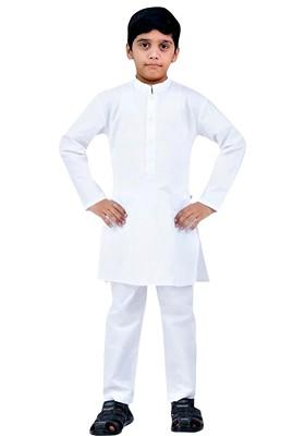 White Embroidered Cotton Kurta Set For Boys