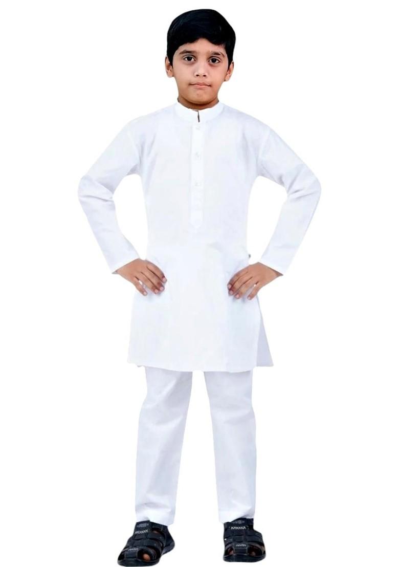 White Embroidered Cotton Kurta Set For Boys - Indya