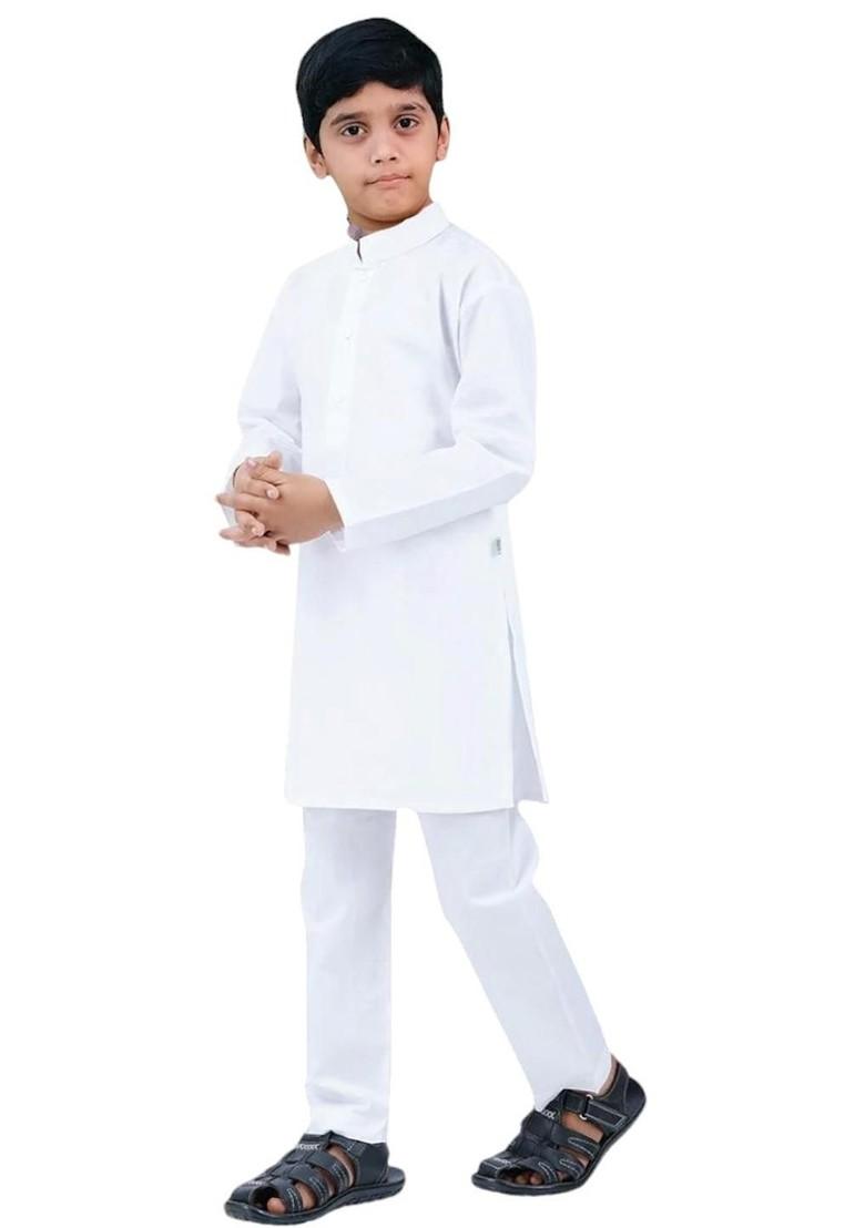 White Embroidered Cotton Kurta Set For Boys - Indya