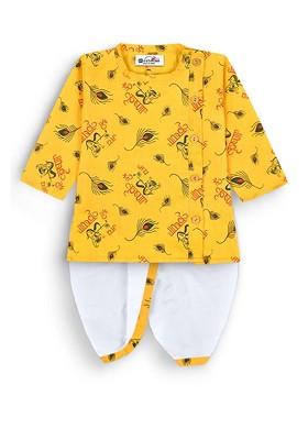 Yellow Printed Blended Kurta Dhoti Set For Boys