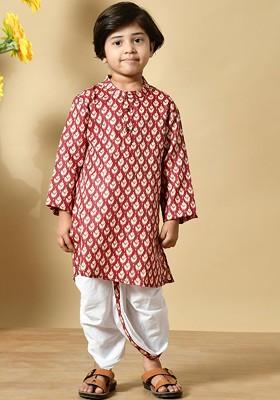Maroon Printed Cotton Kurta Dhoti Set For Boys