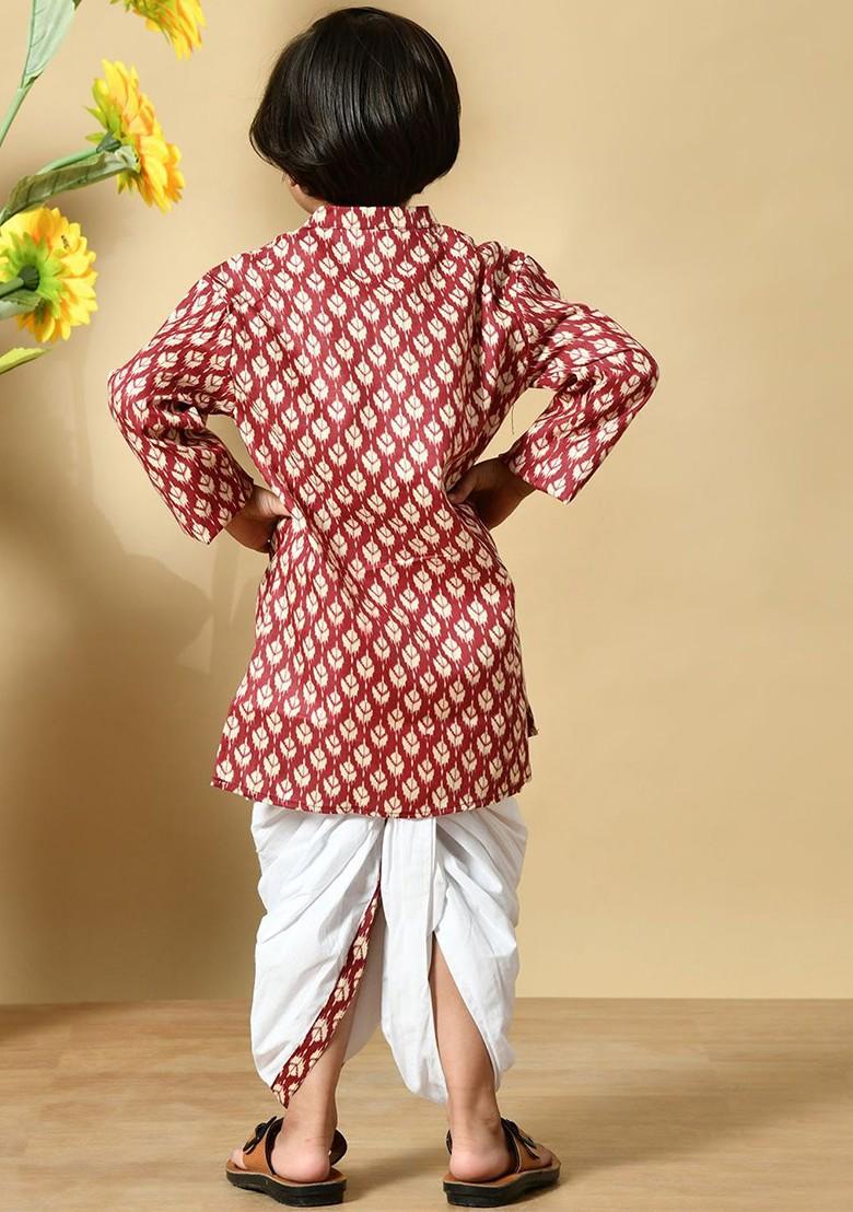 Maroon Printed Cotton Kurta Dhoti Set For Boys - Indya