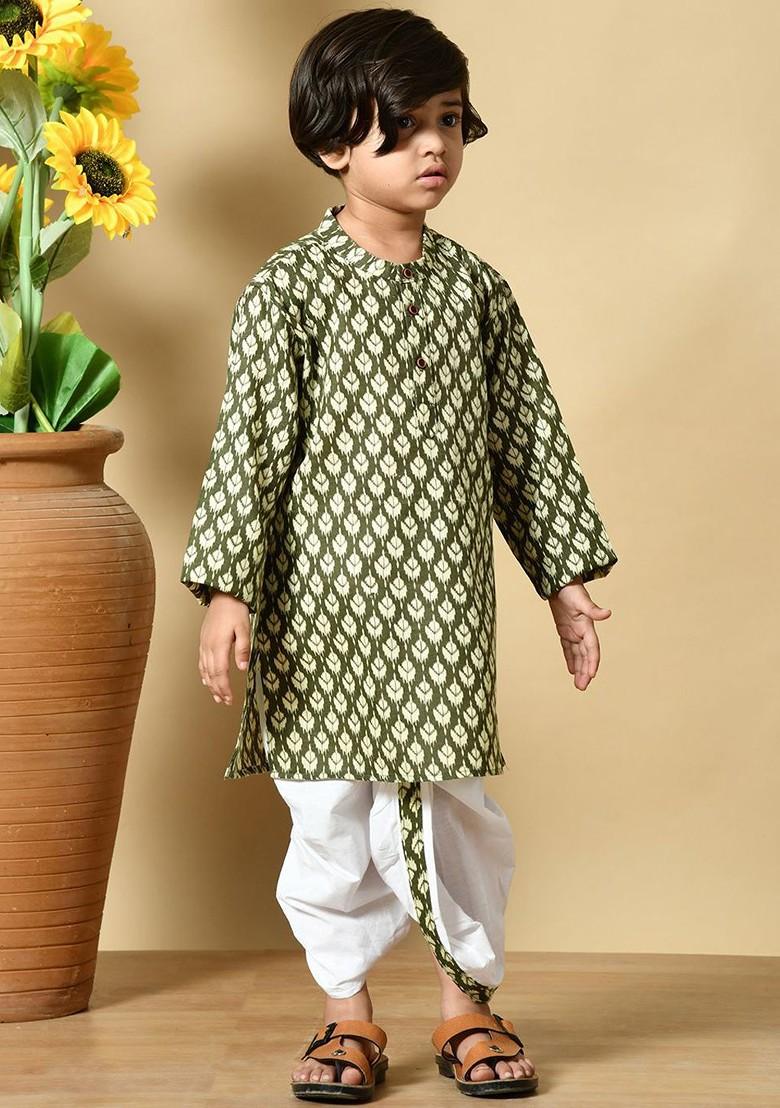Green Printed Cotton Kurta Dhoti Set For Boys - Indya