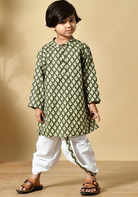 Green Printed Cotton Kurta Dhoti Set For Boys — view on Indya