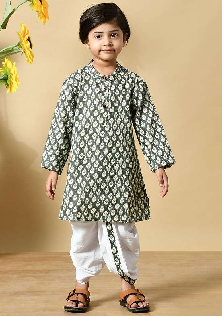 Grey Printed Cotton Kurta Dhoti Set For Boys - Indya