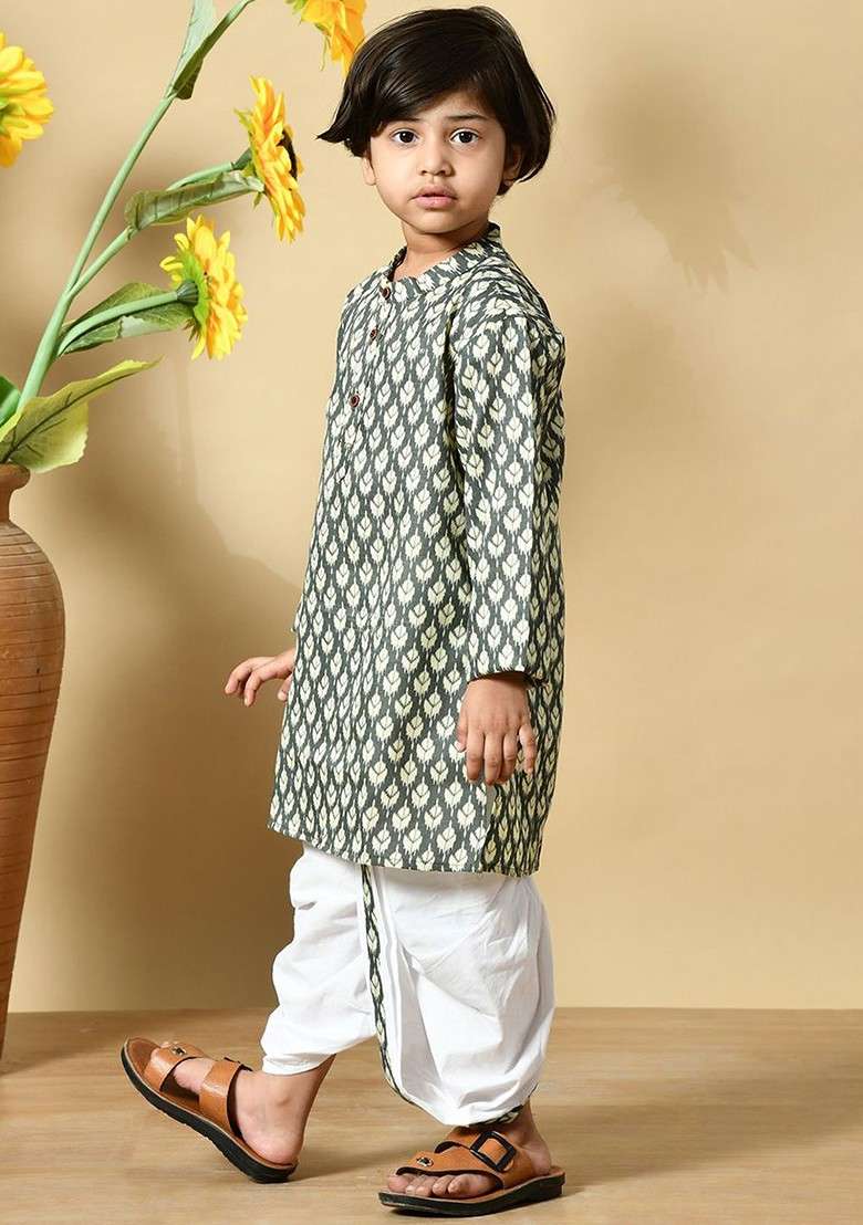 Grey Printed Cotton Kurta Dhoti Set For Boys - Indya
