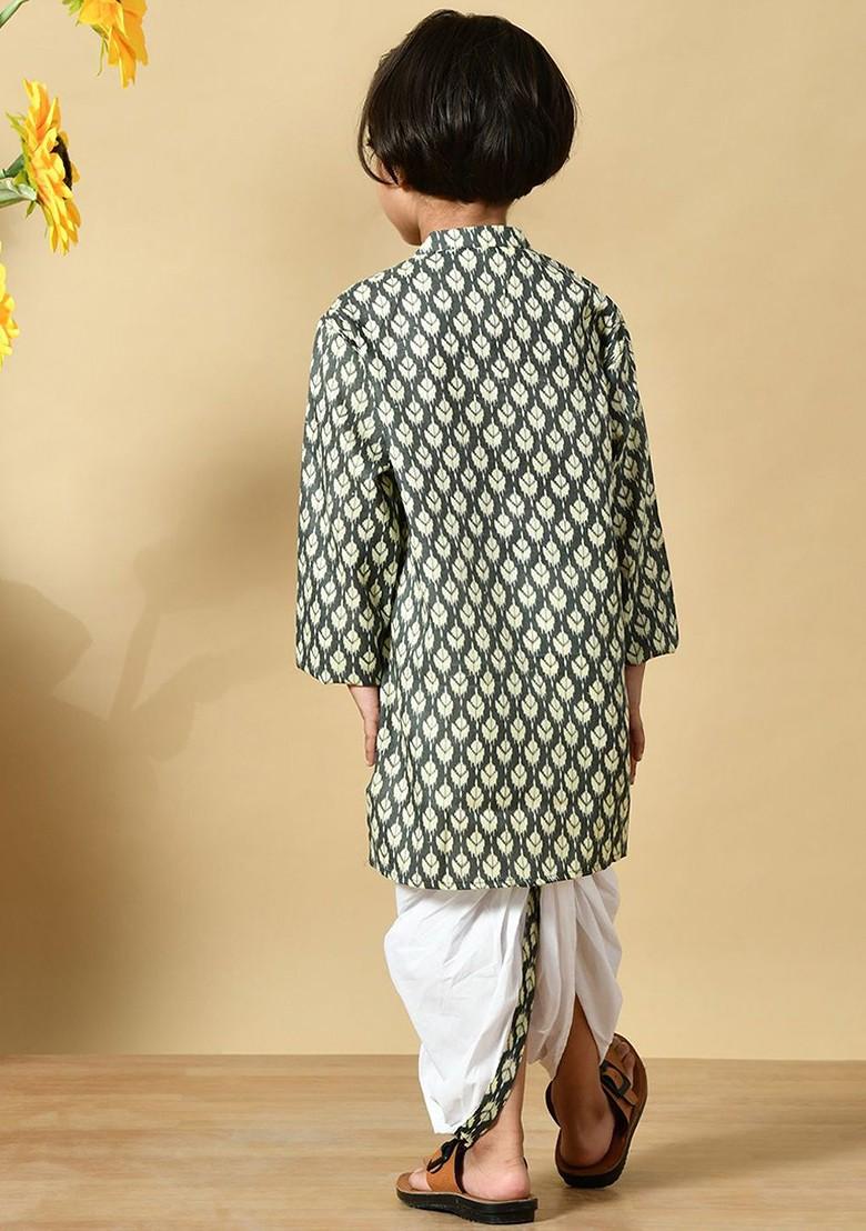 Grey Printed Cotton Kurta Dhoti Set For Boys - Indya