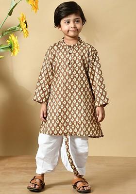 Brown Printed Cotton Kurta Dhoti Set For Boys