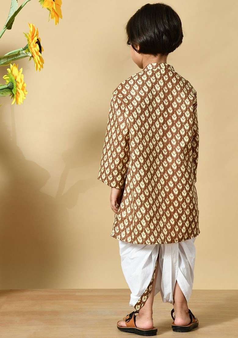 Brown Printed Cotton Kurta Dhoti Set For Boys - Indya