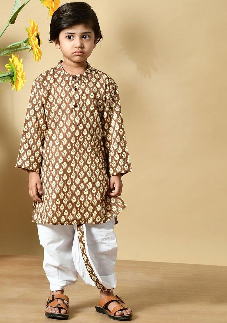 Brown Printed Cotton Kurta Dhoti Set For Boys - Indya