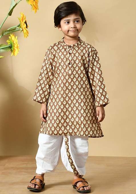 Brown Printed Cotton Kurta Dhoti Set For Boys