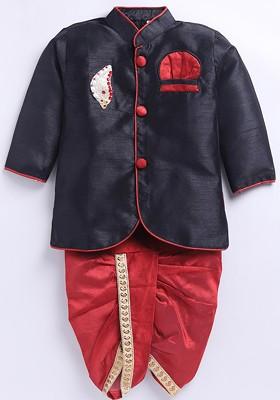 Black Embroidered Blended Kurta Dhoti Set For Boys