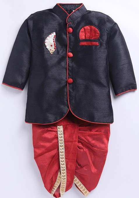 Black Embroidered Blended Kurta Dhoti Set For Boys