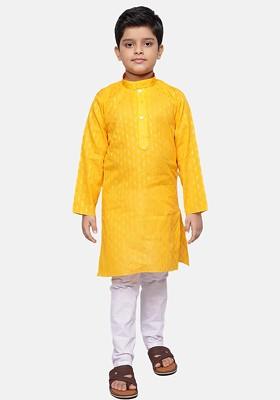 Yellow Embroidered Blended Kurta Dhoti Set For Boys