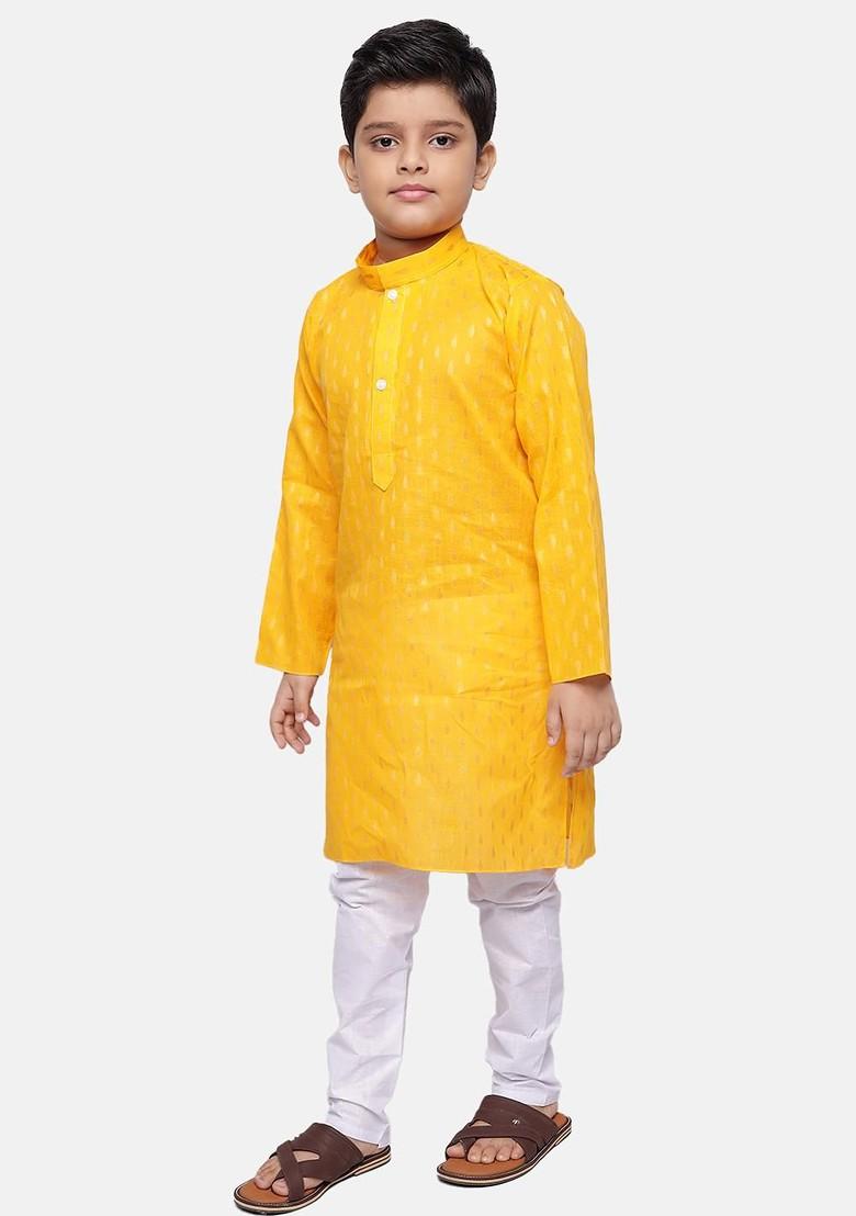 Yellow Embroidered Blended Kurta Dhoti Set For Boys - Indya