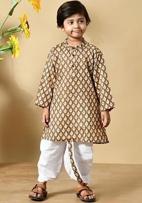 Brown Printed Cotton Kurta Dhoti Set For Boys